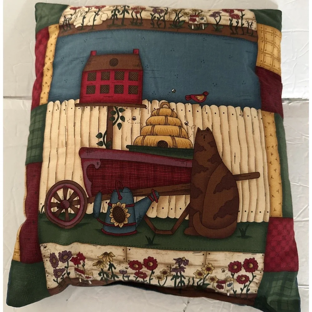 Vintage Handmade Throw Pillow Birdhouse Fat Cat Beehive Garden 13x15 Double Side